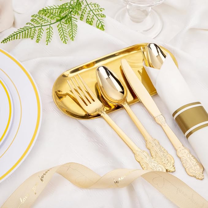 Nervure 400PCS Pre Rolled Gold Plastic Silverware Sets - Heavy Duty Fancy Gold Cutlery - Include 100 Pack Wrapped Disposable Utensils with Napkins for Parties, Dinners & Weddings