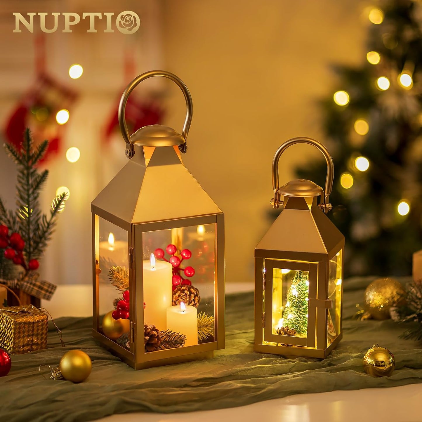 NUPTIO Gold Lanterns Decorative for Wedding: 11.2 Inch Tall Metal Lantern Decor with Glass - Outdoor Pillar Candle Holder for Table Centerpiece Dining Room Mantel Patio