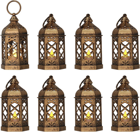 LLQ Mini Lantern for Centerpieces, (8Pack-5Inch) Vintage Lanterns Decorative, Small Hanging Lantern for Halloween Decorations, Christmas Centerpieces for Tables, Wedding Garden Party Decorations