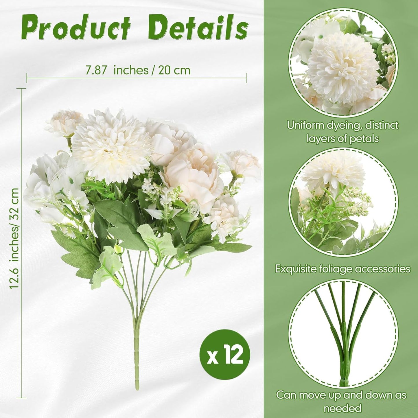 Tigeen Artificial Flowers Artificial Peonies Silk Flowers Faux Peony Fake Peony Silk Hydrangea Bouquet for Wedding Table Centerpiece Floral Vase Decor(Champagne White,12 Bundles)