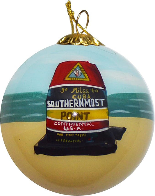 Blown Glass Christmas Ornament | Buoy & Beach Southern Most Point Key West | Hand Painted Inside | Original Art | Includes Gift Box