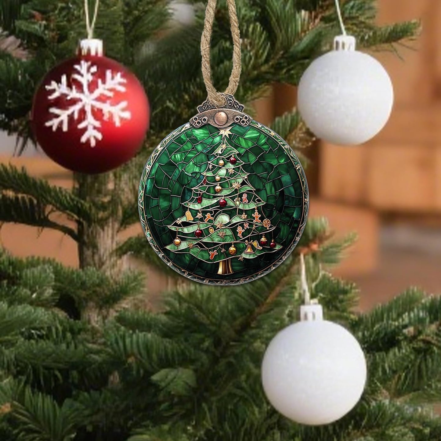 Stained Glass Christmas Decorations, Small Bell Pendant Suncatcher for Window Christmas Tree Hanging Ornaments Retro Green Sun Catcher Xmas Decor Gifts for Women Men Mom Nana Friend