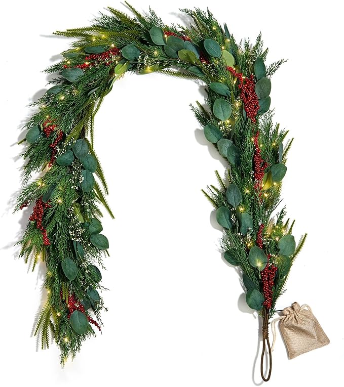 LampLust Lighted Garland with Lights Battery Operated, 6 Ft Red Berry & Eucalyptus,100 LED with Timer, Greenery Garland for Mantle All Year Round