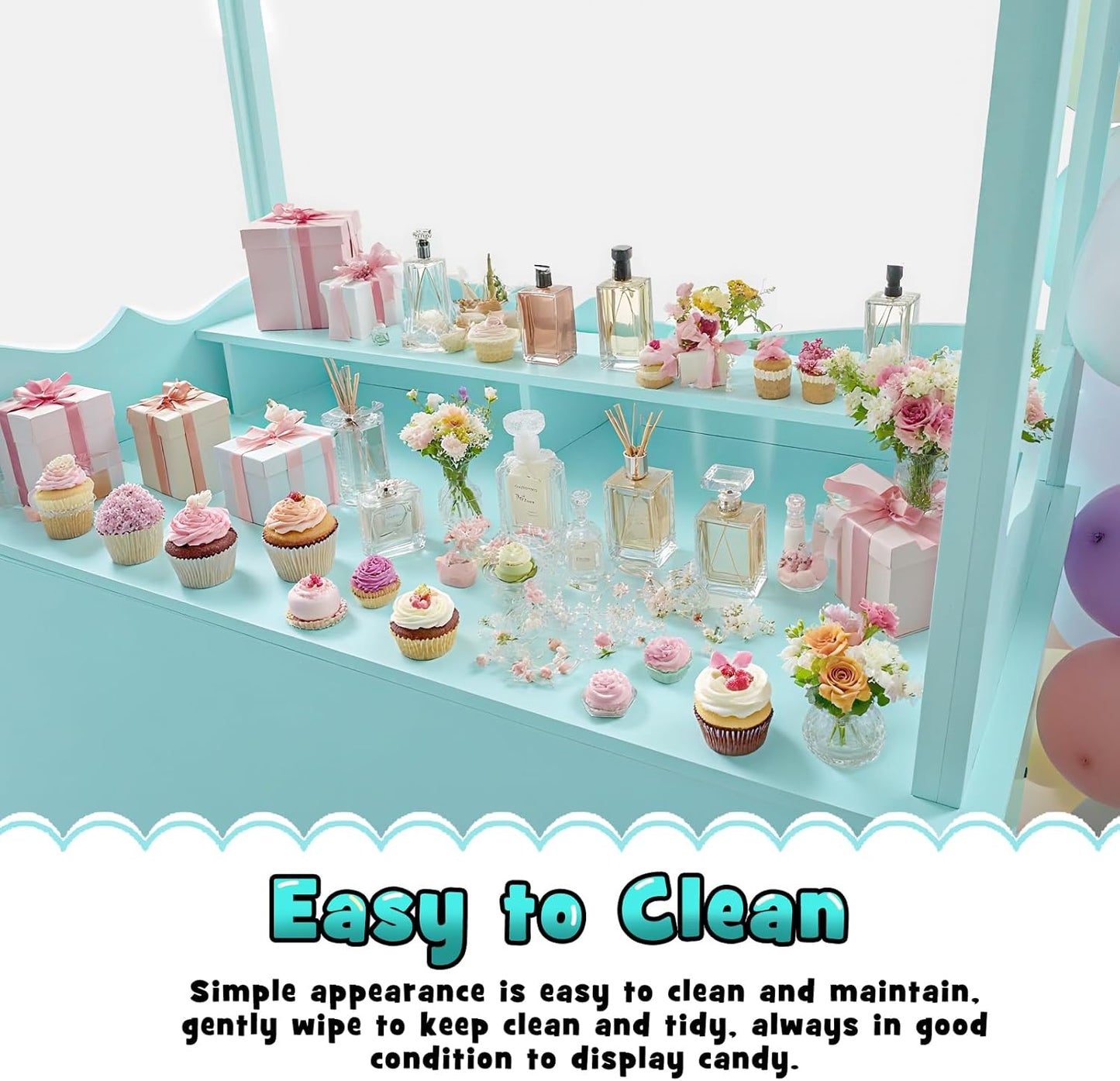 7FT Candy Cart Display Stand with Decorated Wheels, Dessert and Party Decoration Cart with 100 Ballons, Easy to Install Vintage for Parties, Birthdays, Weddings, (blue)