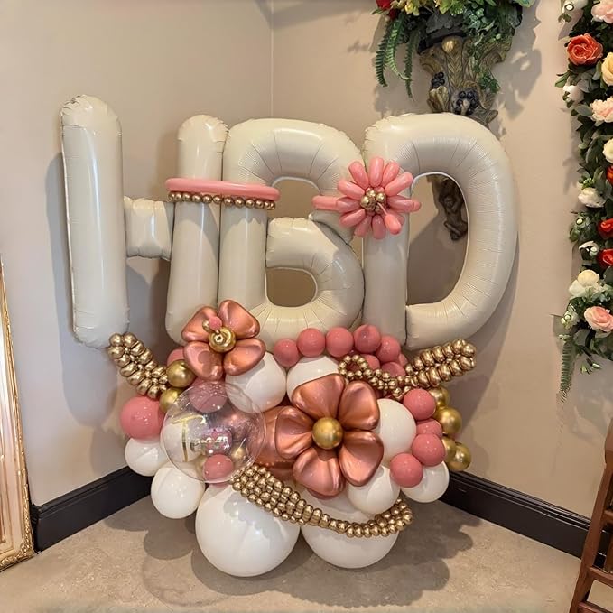 40 Inch Cream HBD Balloons for Boho Birthday Party Decorations, Giant Beige HBD Letter Foil Mylar Balloon Banner Helium Supported, Ivory White Sand Neutral Happy Birthday Sign for Girls Women Boys Men