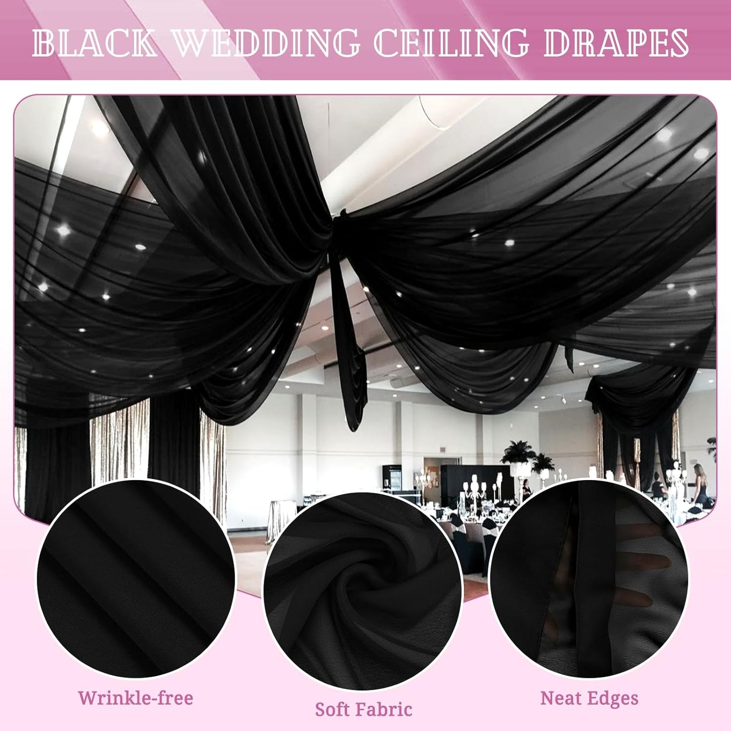 6 Panels Black Ceiling Drapes for Wedding 5ftx40ft Sheer Drapery Chiffon Fabric Arch Draping Curtains for Party Ceremony Birthday Baby Shower Reception Stage Ceiling Decorations