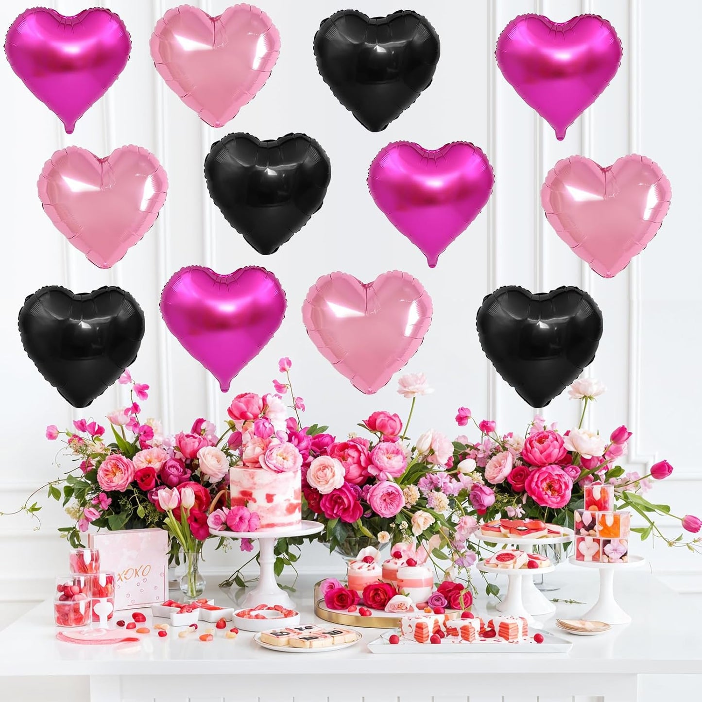 Pink Black Heart Balloons,12Pcs 18Inch Hot Pink Black Heart Shaped Foil Helium Balloons for Baby Shower Birthday Anniversary Wedding Engagement Party Decorations