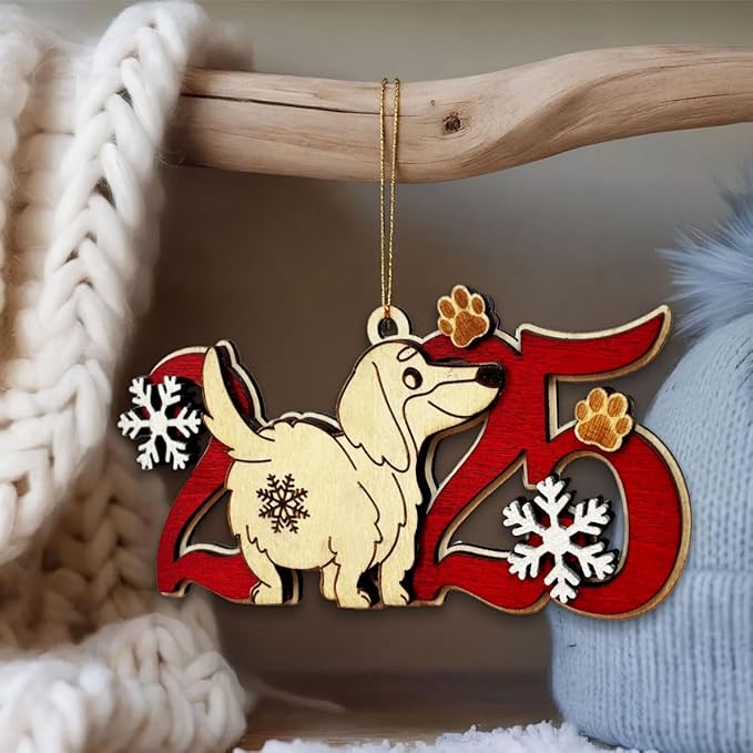 Longhaired Dachshund 2025 Christmas Ornament – Cute Wooden Dog Tree Decoration with Snowflakes & Paw Prints for Dachshund Lovers, Pet Owner Christmas Décor