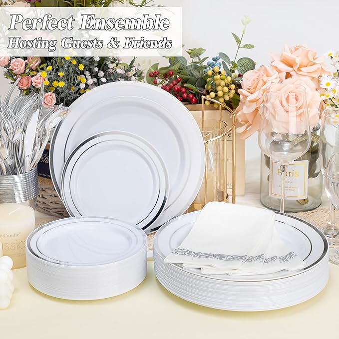 BESTSTAR 200PCS Silver Plastic Plates Set, 100 10.25 inch Dinner Plates and 100 7.5 inch Dessert Plates, Premium Disposable Plates for Party, Wedding