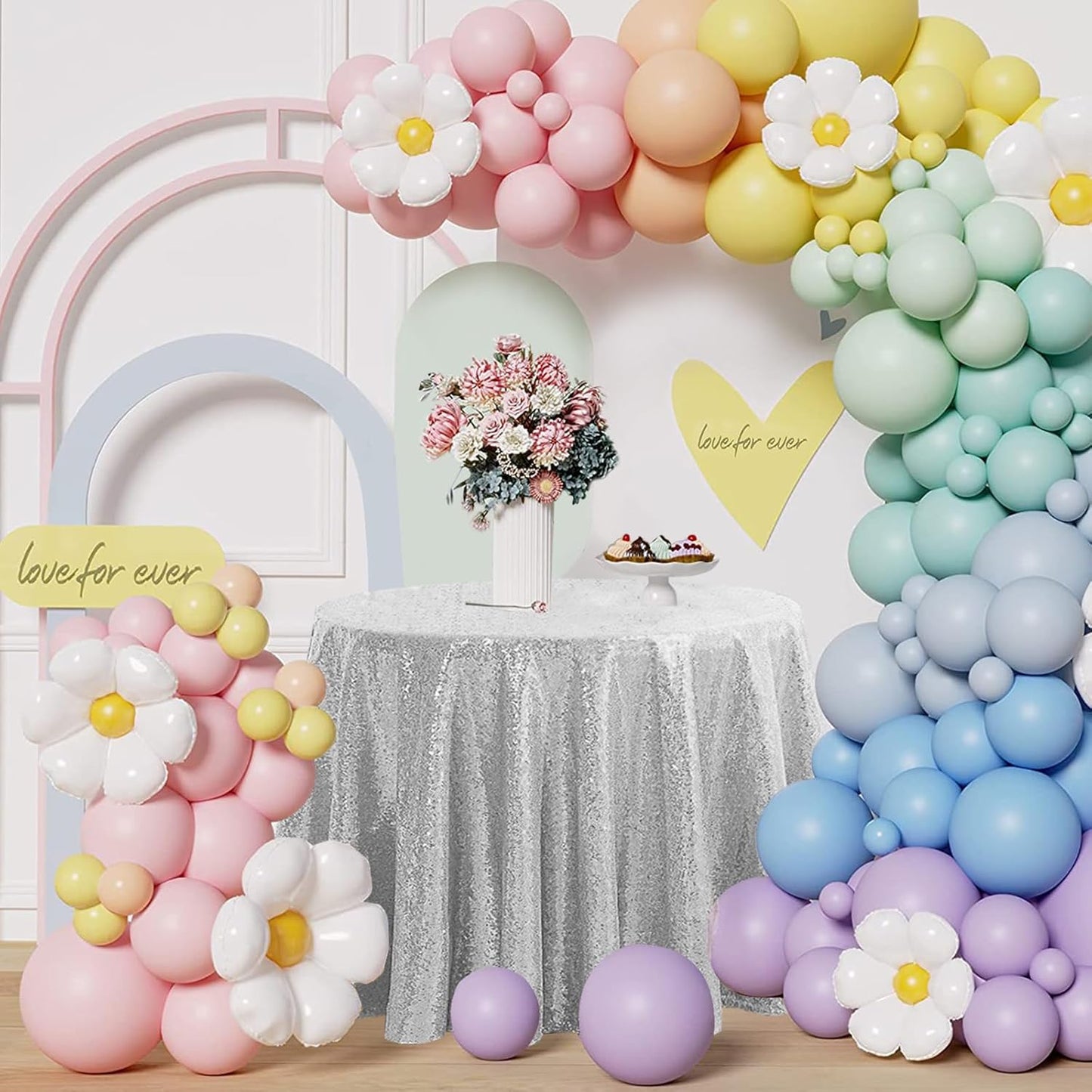 OQSQ Silver 50" Round Sequin Tablecloth, Glitter Tablecloth for Bridal Shower Decorations, Birthday, Wedding, Dessert, Banquet（50X50 inch Round,Silver.