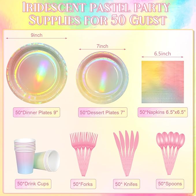 Iridescent Pastel Rainbow Party Decorations - Serve 50, Holographic Pastel Paper Plates and Napkins, Disposable Iridescent Rainbow Plates, Cups, Napkins for Girls Birthday, Wedding, Baby Shower