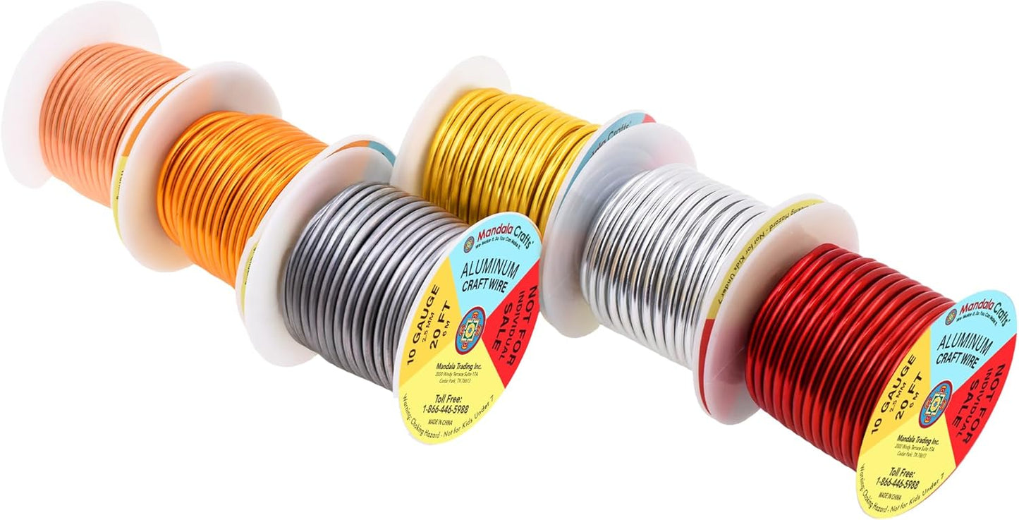 Mandala Crafts 10 Gauge Anodized Aluminum Craft Wire for Jewelry Making - 120 FT Colored Flexible Silver Copper Light Gold Gray Gold Red Wire - Bendable for Bonsai Armature Crafting Sculpting
