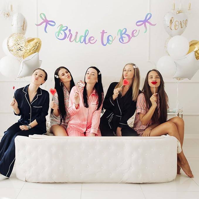 Bride to Be Banner, Iridescent Bride to Be with Bow Glitter Bachelorette Bridal Party Banner BRIDE TO BE Sign for Iridescent Bachelorette Bridal Shower Wedding Engagement Hen Party Decorations