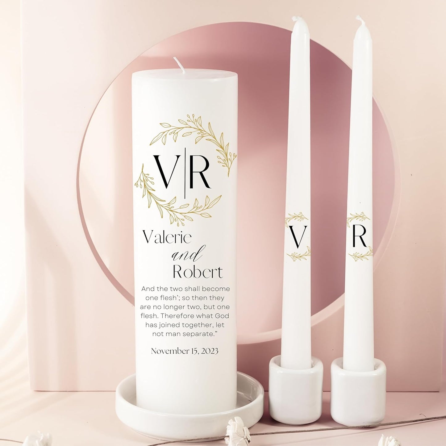 Unity Candles for Wedding, Modern Unity Set, Custom and Personalized Pillar and Taper Candles with Bible Quote, Unscented White Premium Wax, Religious and Wedding Ceremony, Special Events (Laurel)