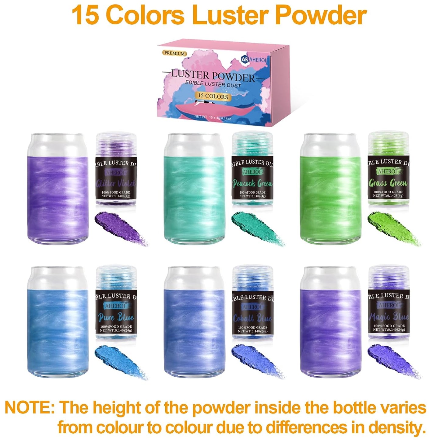 Aheroi Edible glitter Set of 15, Food Grade Edible Powder ocktail Glitter Shimmering Glitter for Drinks, Luster Dust Sprinkles Powder Glitter for Fondant Cake Decorating(4g/0.14oz)