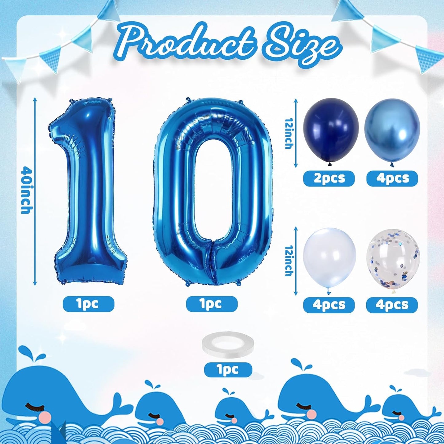 Dark Blue Number 10 Balloon, Large 40 Inch with Metallic Light Navy Blue Silver Confetti, Self Inflating Helium Foil One Balloon for Boys 10th Birthday Party Anniversary Decorations