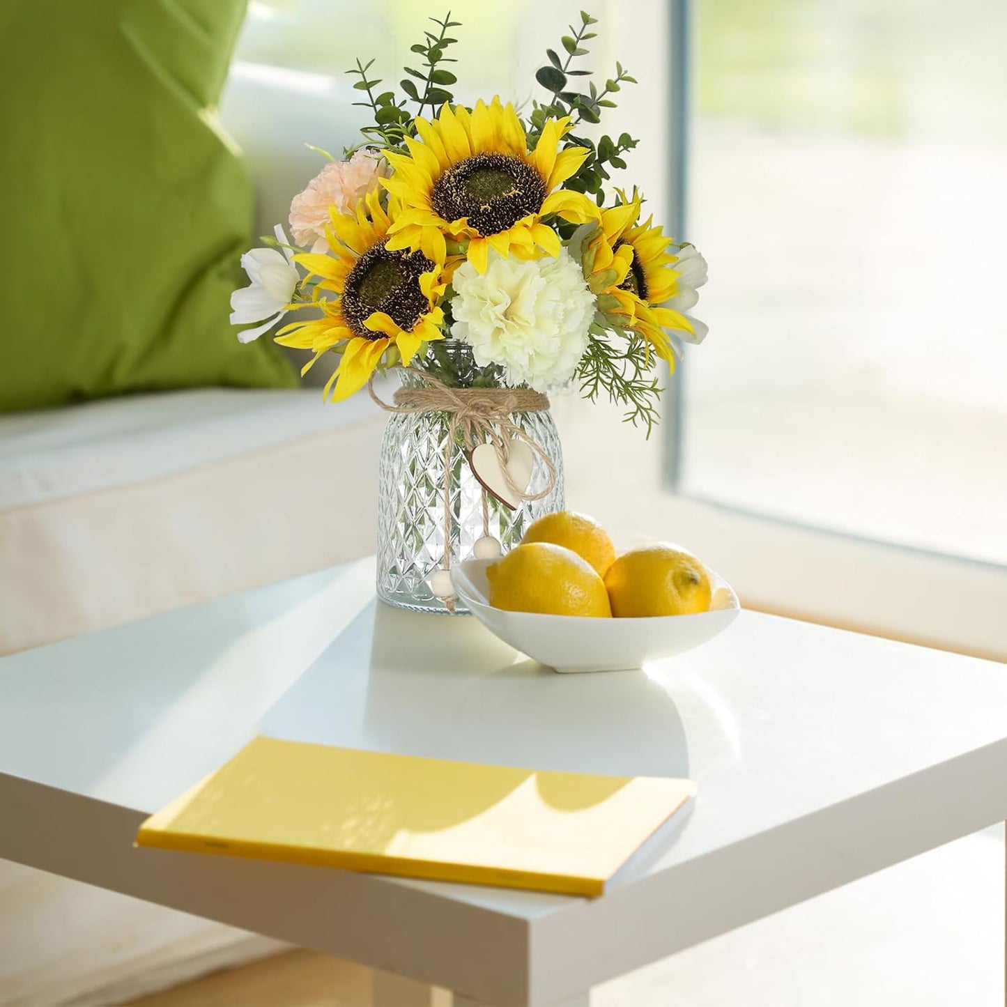 Artificial Sunflower Bouquets - Silk Fake Flowers with Vase, Centerpieces for Dining Room and Coffee Table Decor