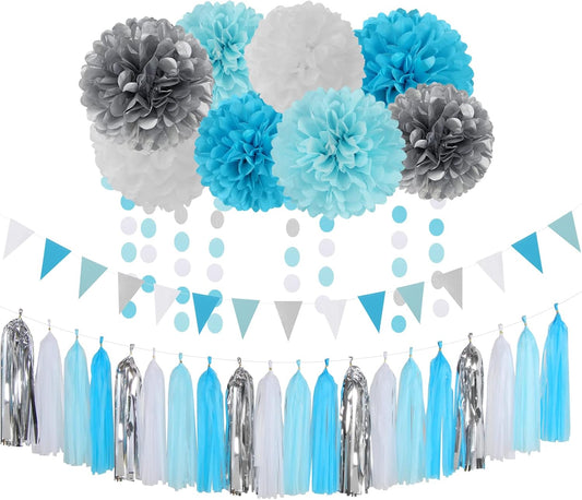 Royal-Light Blue Silver Party Decorations - 30pcs Tissue Pom Poms Streamers,Birthday Tassel Garland Banner,Graduation Wedding Engagement Baby Bridal Shower Decor Ouruola