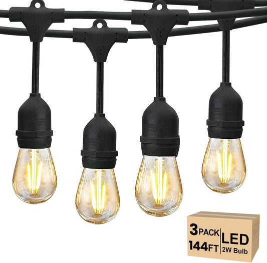 Svater 144 FT Outdoor String Lights 2W, Patio Light for Outside with 48 Antique S14 Plastic LED Bulbs, IP65 Waterproof Hanging Cafe Market Lighting, ETL-Listed Dimmable Warm White (48 FT x 3)