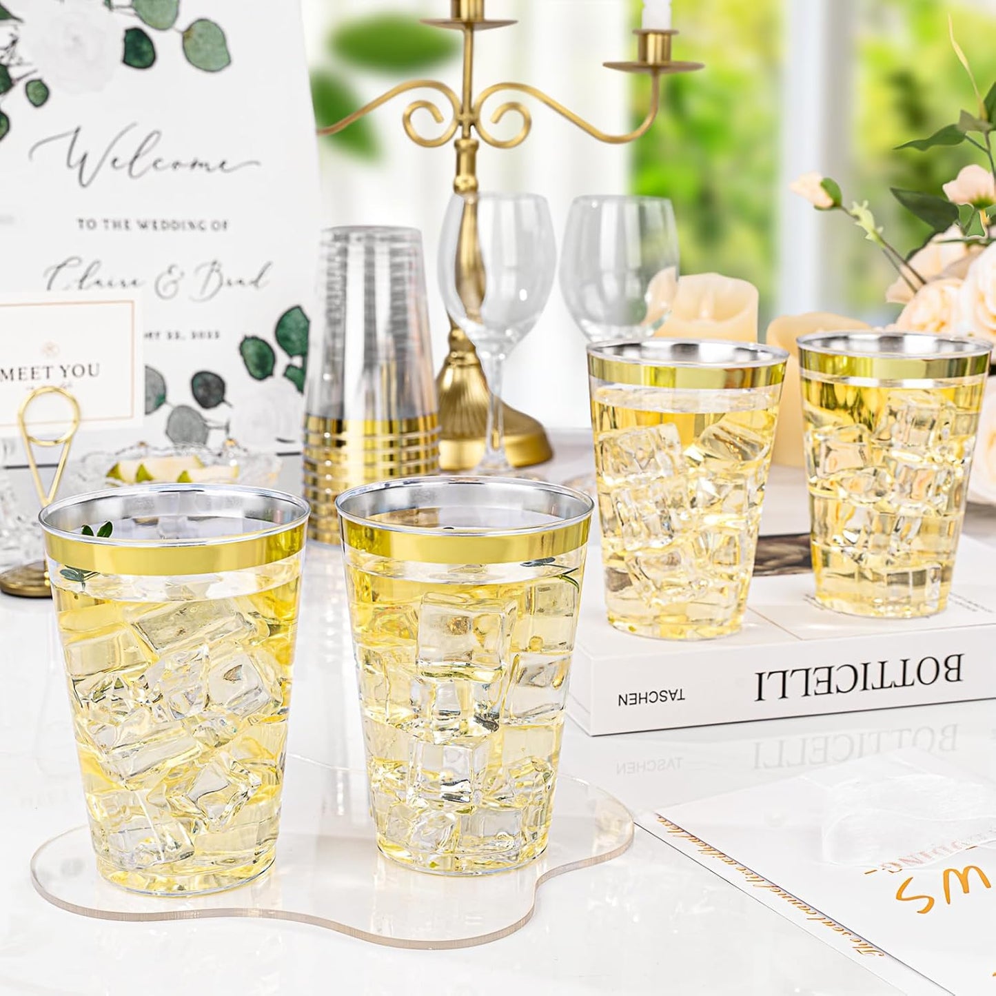 BESTVIP 12oz Gold Plastic Cups, 100 Pack Gold Rimmed Disposable Cups, Heavy-duty Party Cocktail Glasses, Plastic Cups for Party, Holiday, Christmas, Thanksgiving, Wedding and Birthday