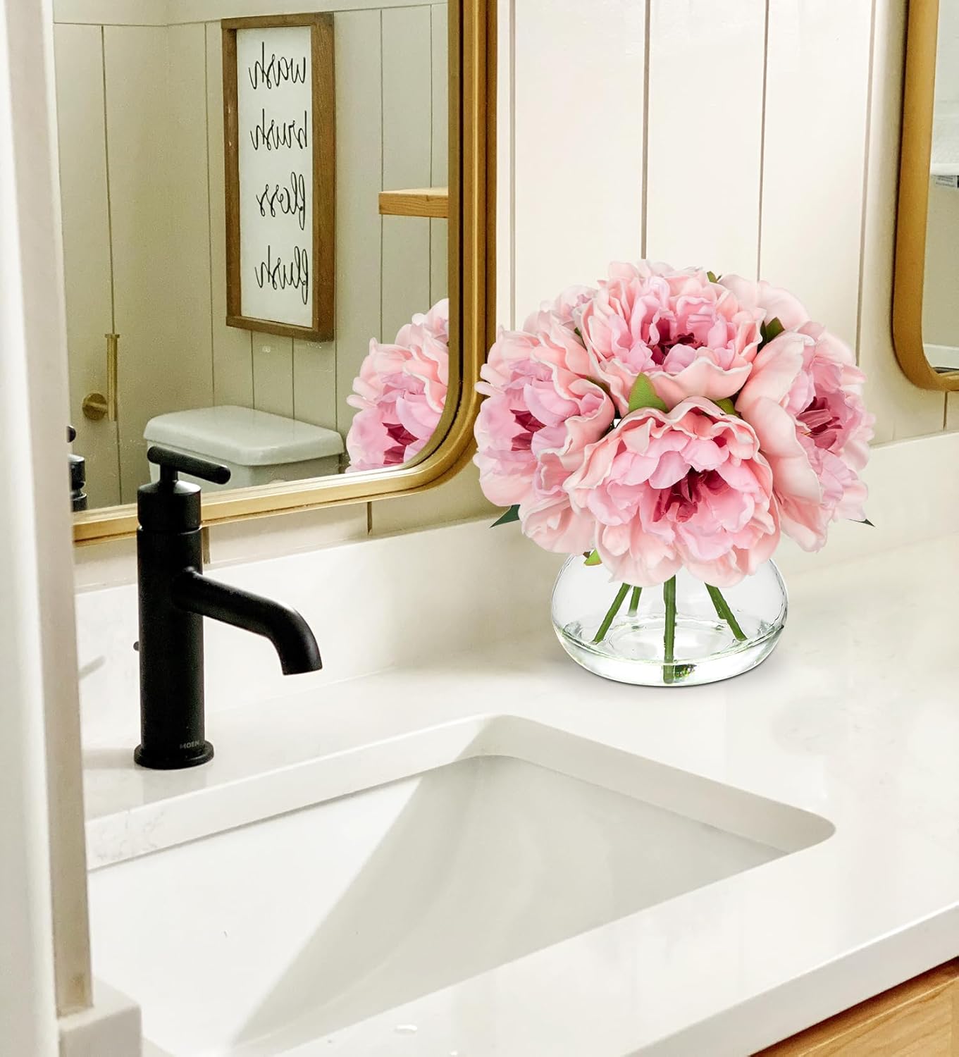 Hollyone Light Pink Peonies Artificial Flowers with Vase Faux Flowers Peony Fake Flowers Silk Flower Arrangements in Glass Vase with Faux Water for Bathroom Table Centerpiece Shelf Home Decor