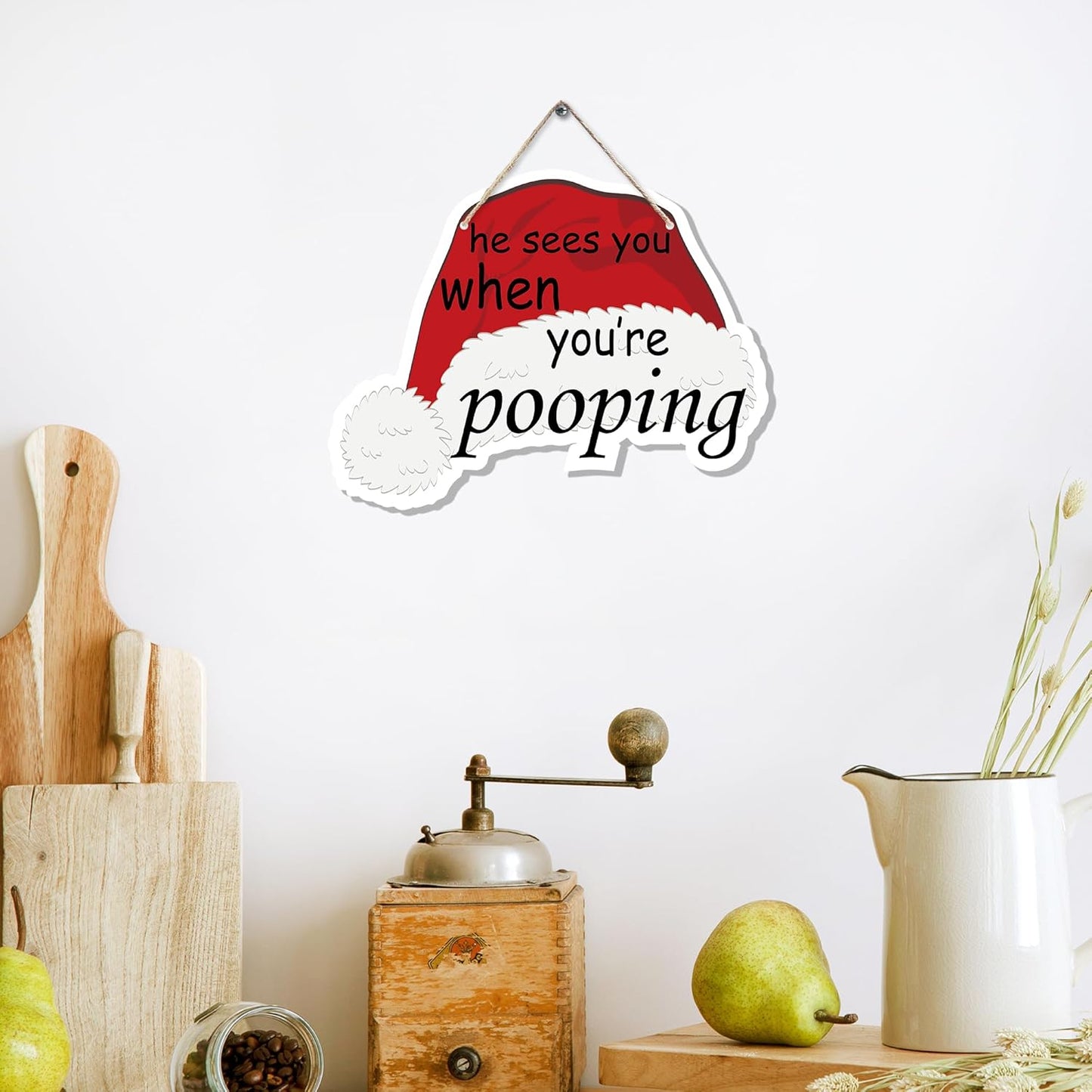 Funny Christmas Wooden Sign, Novelty Humor Xmas Hanging Sign Wall Decor for Guest Bathroom Toilet, Christmas Bathroom Home Door Decor 12 x 6 Inch