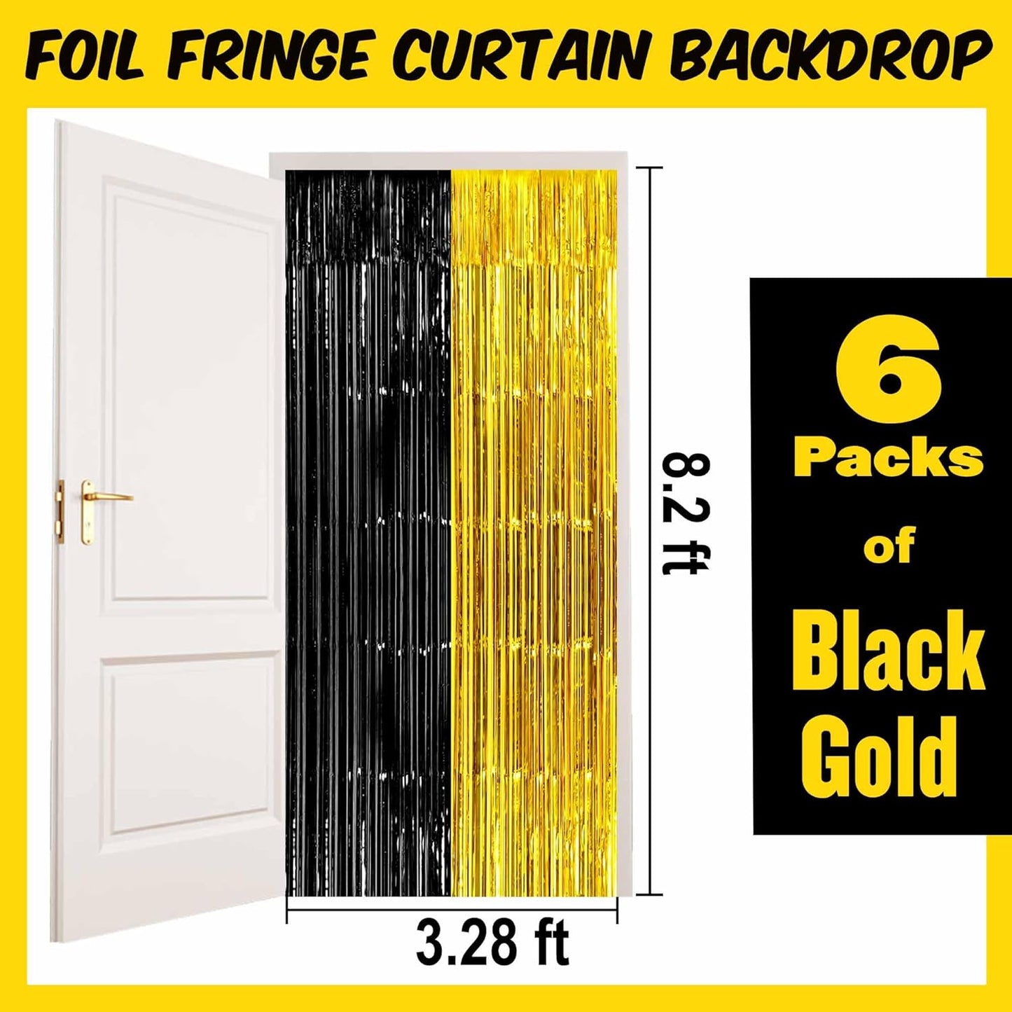 6 Pack Black and Gold Foil Fringe Curtains Backdrop, 3.28 x 8.2 Ft Metallic Streamers Tinsel Curtains Background for Photo Booth, Birthday, Weddings, Carnivals, Graduation, Themed Party Decorations