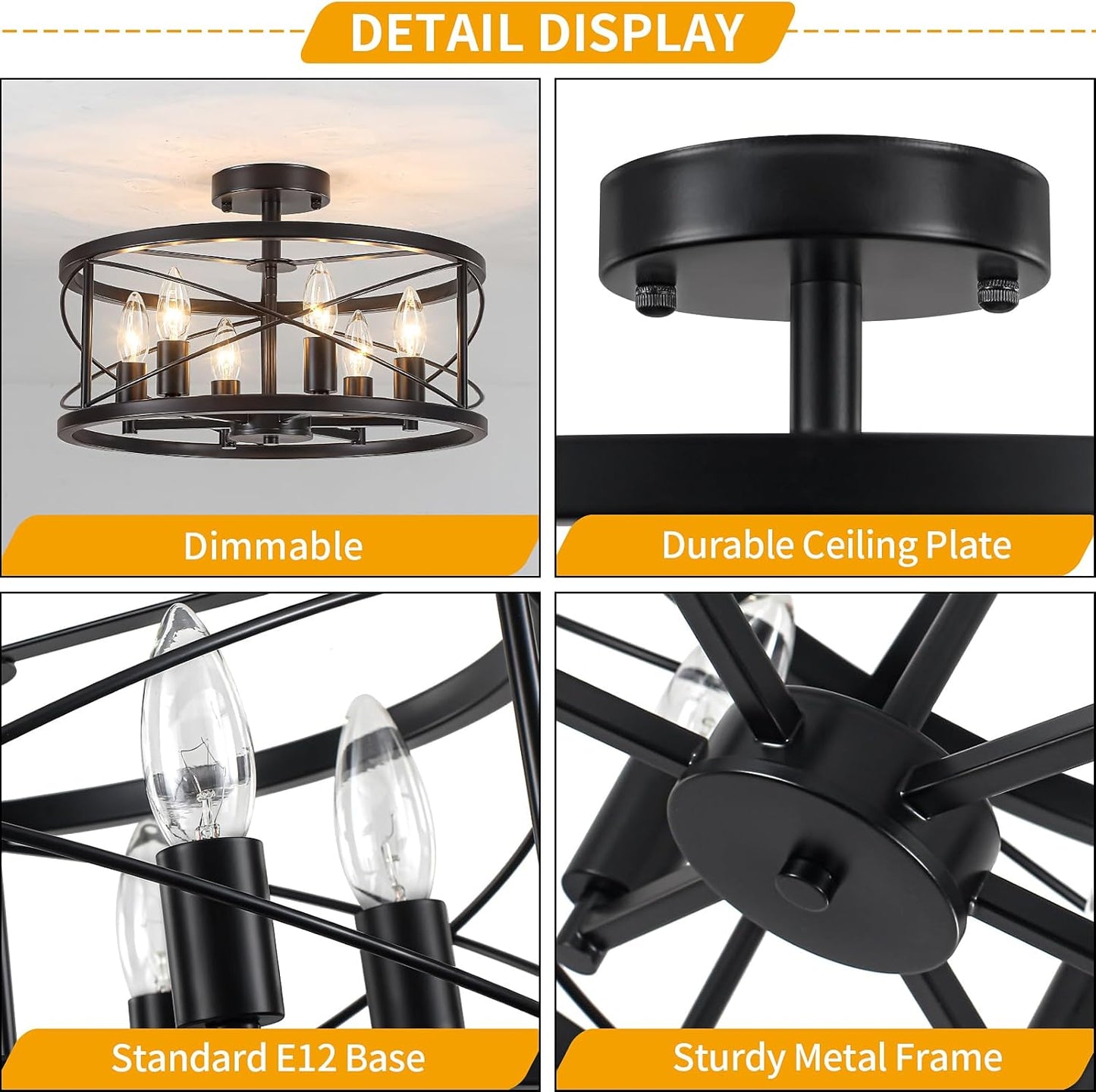 6-Light Black Semi Flush Mount Ceiling Light, 16.54'' Modern Farmhouse Close to Ceiling Light Fixtures, Ceiling Lamp for Hallway Entryway Kitchen Dining Room Living Room Bedroom Lights, UL Listed