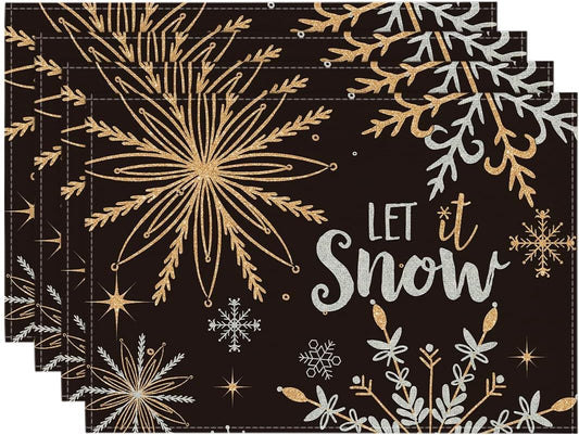 Artoid Mode Black Snowflake Let It Snow Winter Placemats Set of 4, 12x18 Inch Seasonal Christmas Table Mats for Party Kitchen Dining Decoration