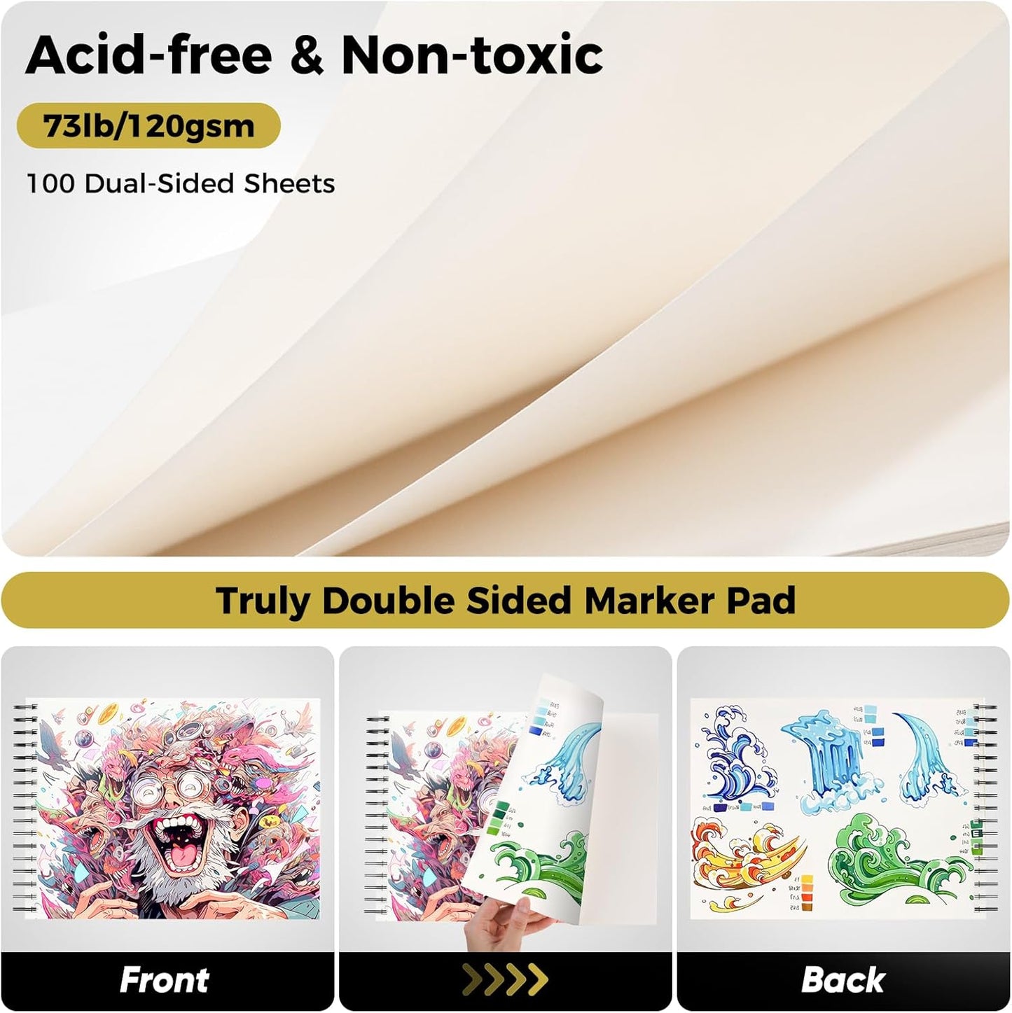 Soucolor 100 Sheets Marker Paper Pad, 9"x12" Bleedproof Art Sketch Pad, 73lb/120gsm Drawing Paper Spiral Sketch Book, Alcohol Marker Paper Painting Coloring Paper for Beginners, Artists, Kids