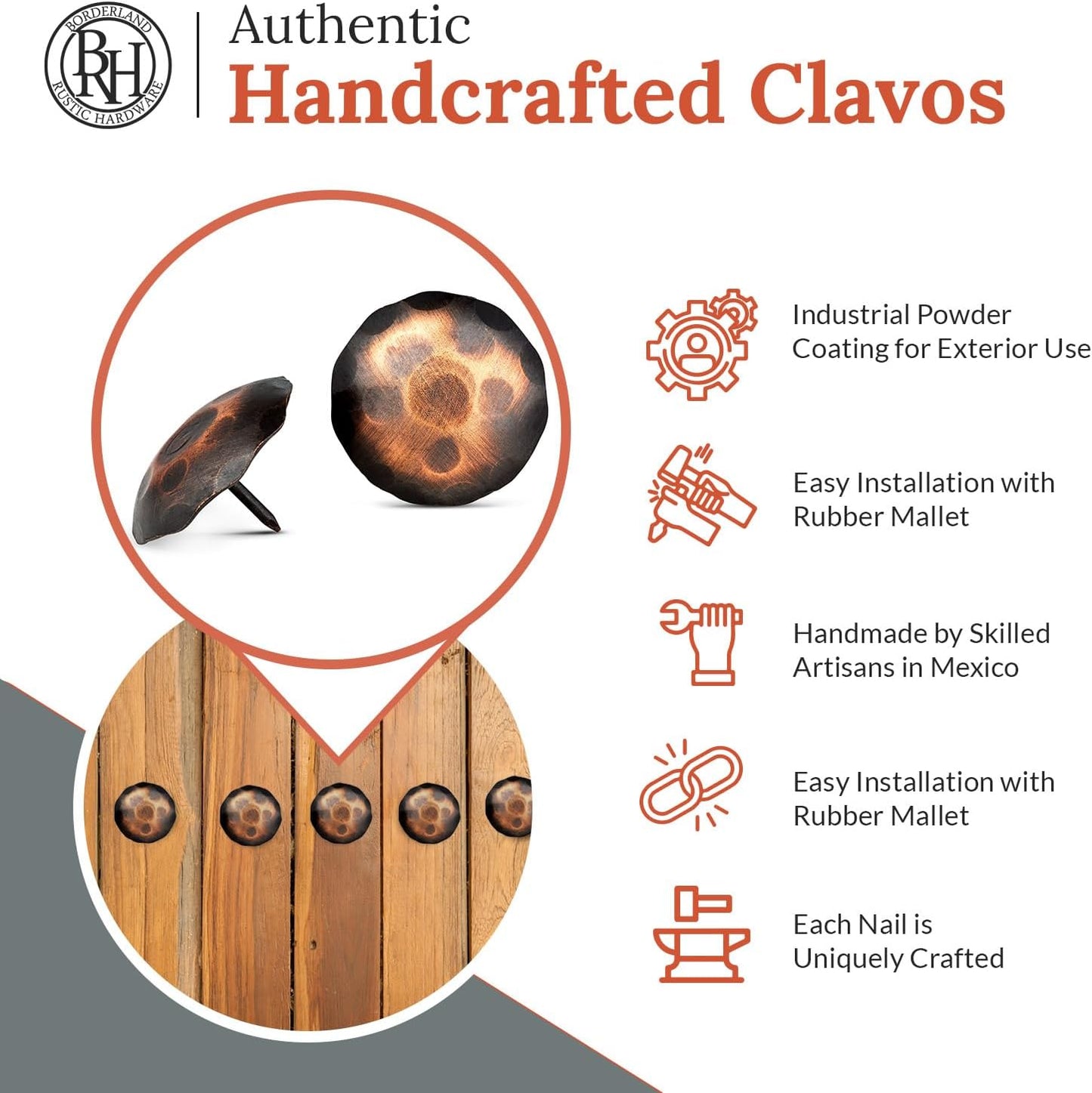50 Pack 2" Round Head Iron Clavos Decorative Nails – Oil Rubbed Bronze – Handmade Rustic Round Fasteners for Farmhouse Shutters, Faux Wood, Barn Doors, Shutters, Gates – Ornamental Wood Accent