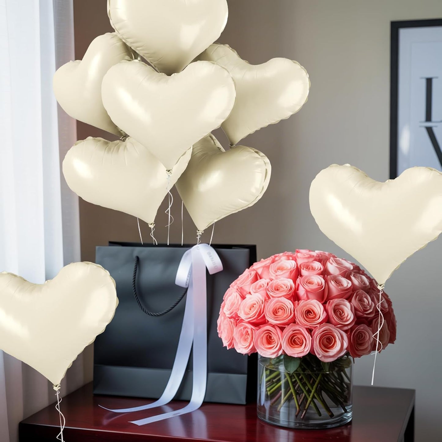 24 Inch Cream White Heart Balloons, Cream Heart Shaped Foil Balloons, Nude Helium Balloon for Boho Neutral Valentines Day Bridal Shower Anniversary Wedding Birthday Party Decorations
