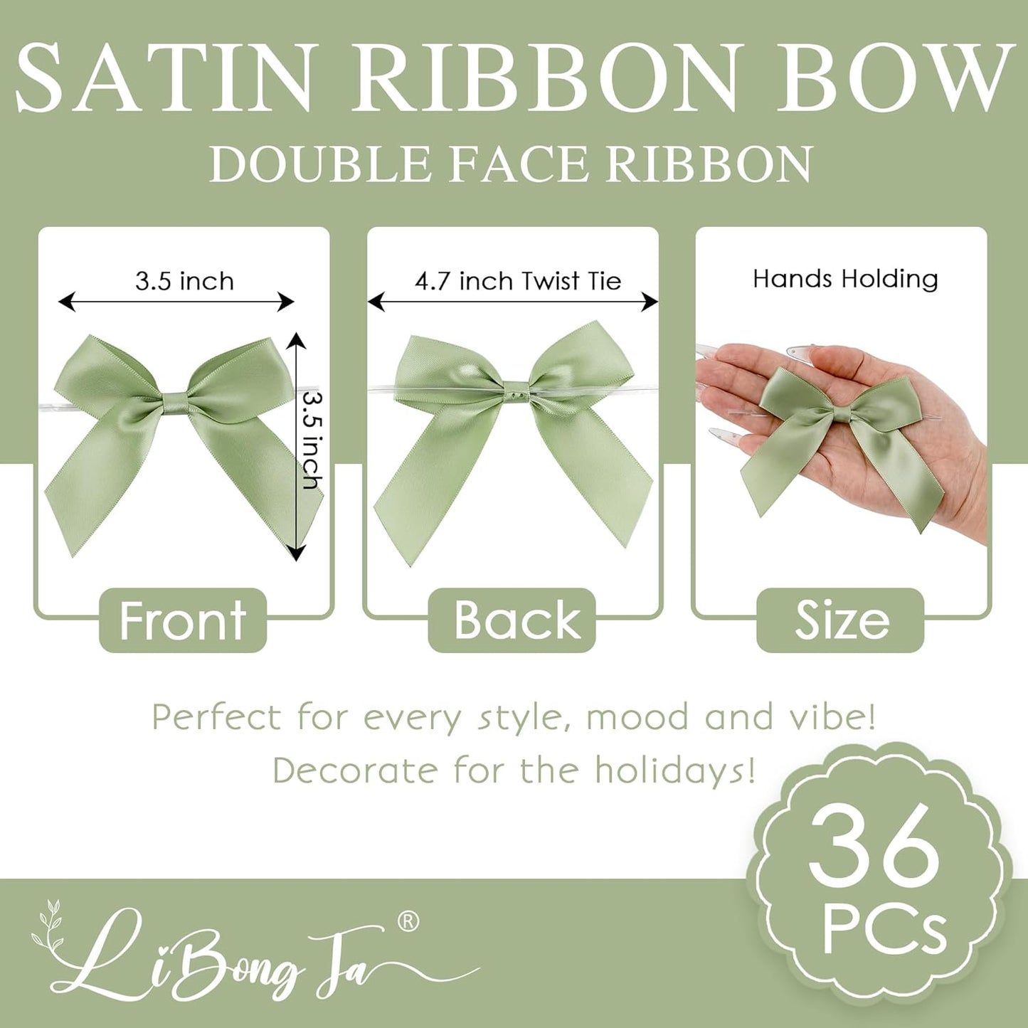 3.5" Sage Green Bow Satin Pre-Tied Bows for Gift Wrapping, Small Bows for Crafts, Premade Bows, Candy Apple Bows, Twist Tie Bows for Cake Decorating, Party Favor, Wedding Decoration-36 Counts