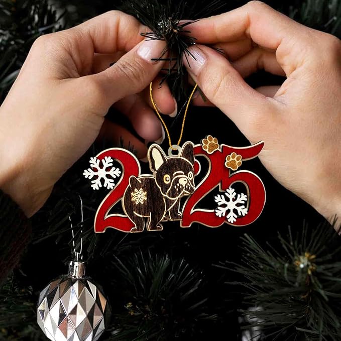 Black French Bulldog 2025 Christmas Ornament – Cute Wooden Dog Tree Decoration with Snowflakes & Paw Prints for Frenchie Lovers, Pet Owner Christmas Décor