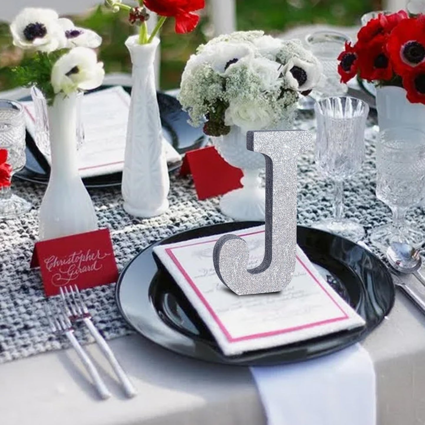 TONIFUL 8 Inch Silver Glitter Letter J Table Centerpiece A-Z Silver Birthday Party Decorations,Silver Alphabet J for Birthday,Chrismas,Graduation,Bridal Shower,Wedding,Anniversary Party Supplies