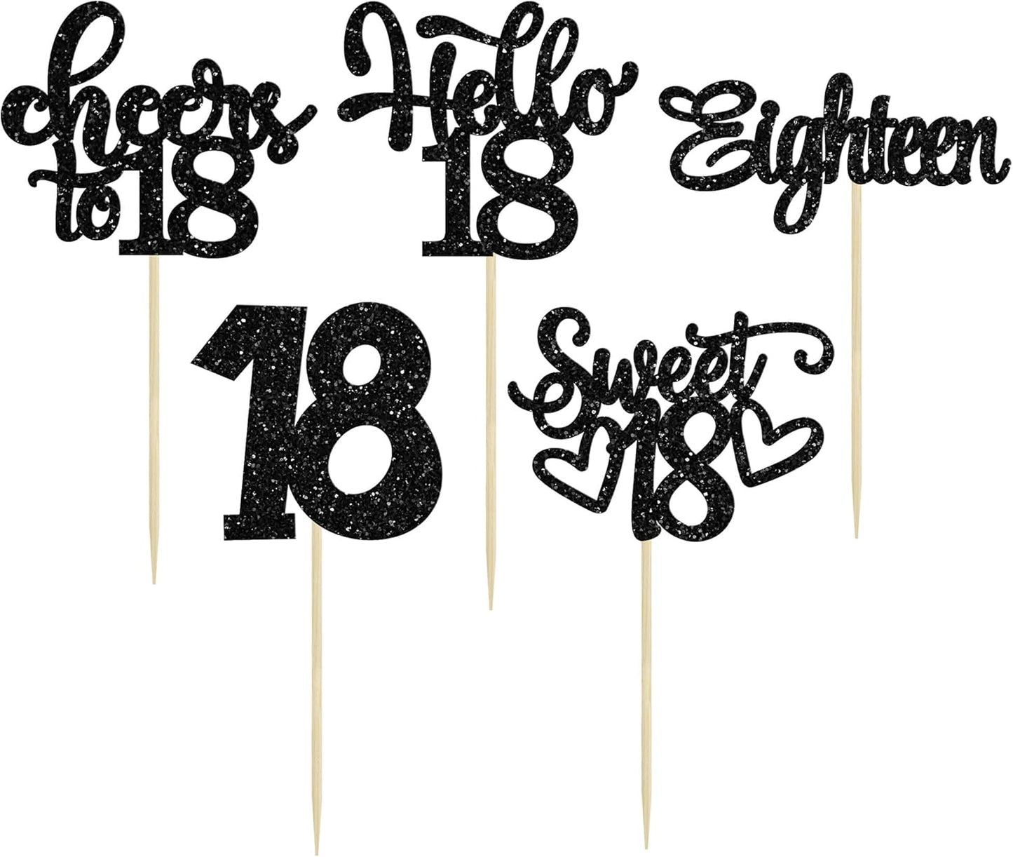 30Pcs18th Birthday Cupcake Toppers Eighteen Happy 18th Cupcake Picks Sweet 18 Cheers to 18 Cake Decorations for 18th Birthday Anniversary Party Supplies Black Glitter