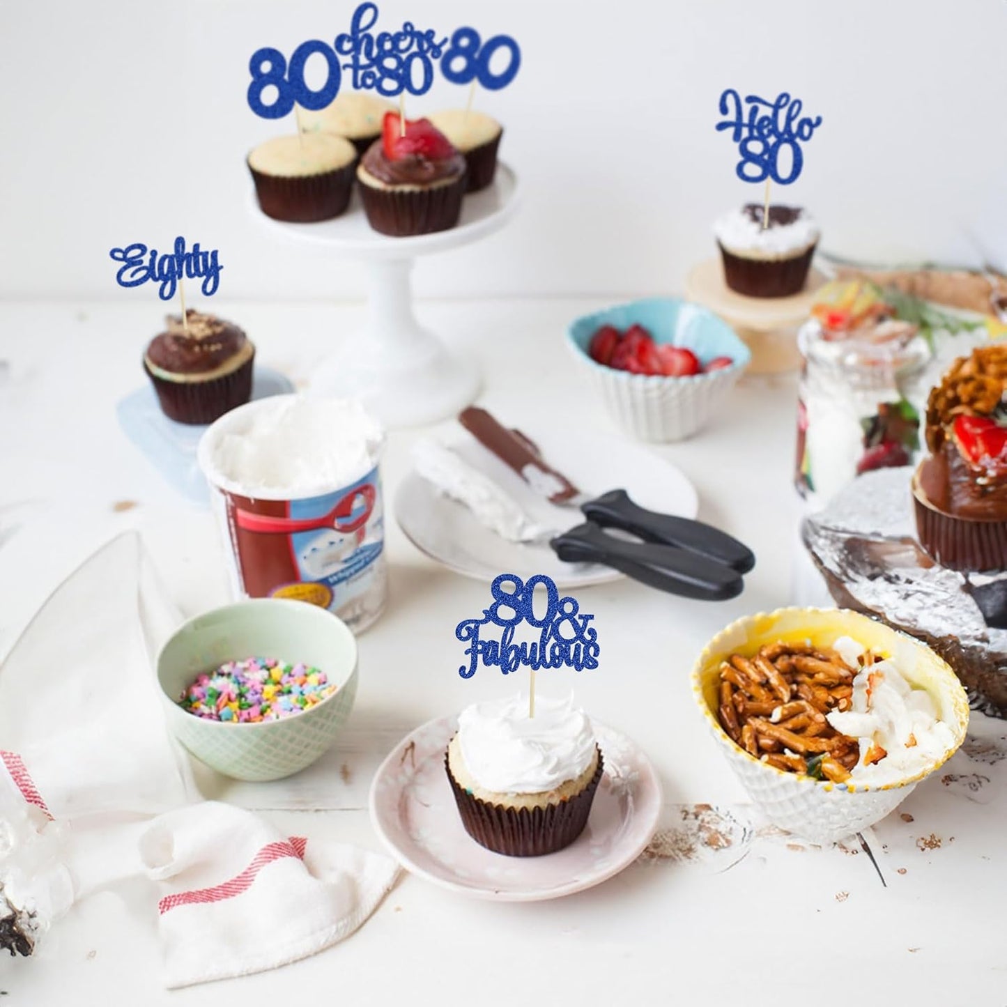 30Pcs Happy 80th Birthday Cupcake Toppers Eighty Cheers to 80 Years Old Birthday Cupcake Picks for Happy 80th Birthday Anniversary Party Cake Decorations Deep Blue Glitter
