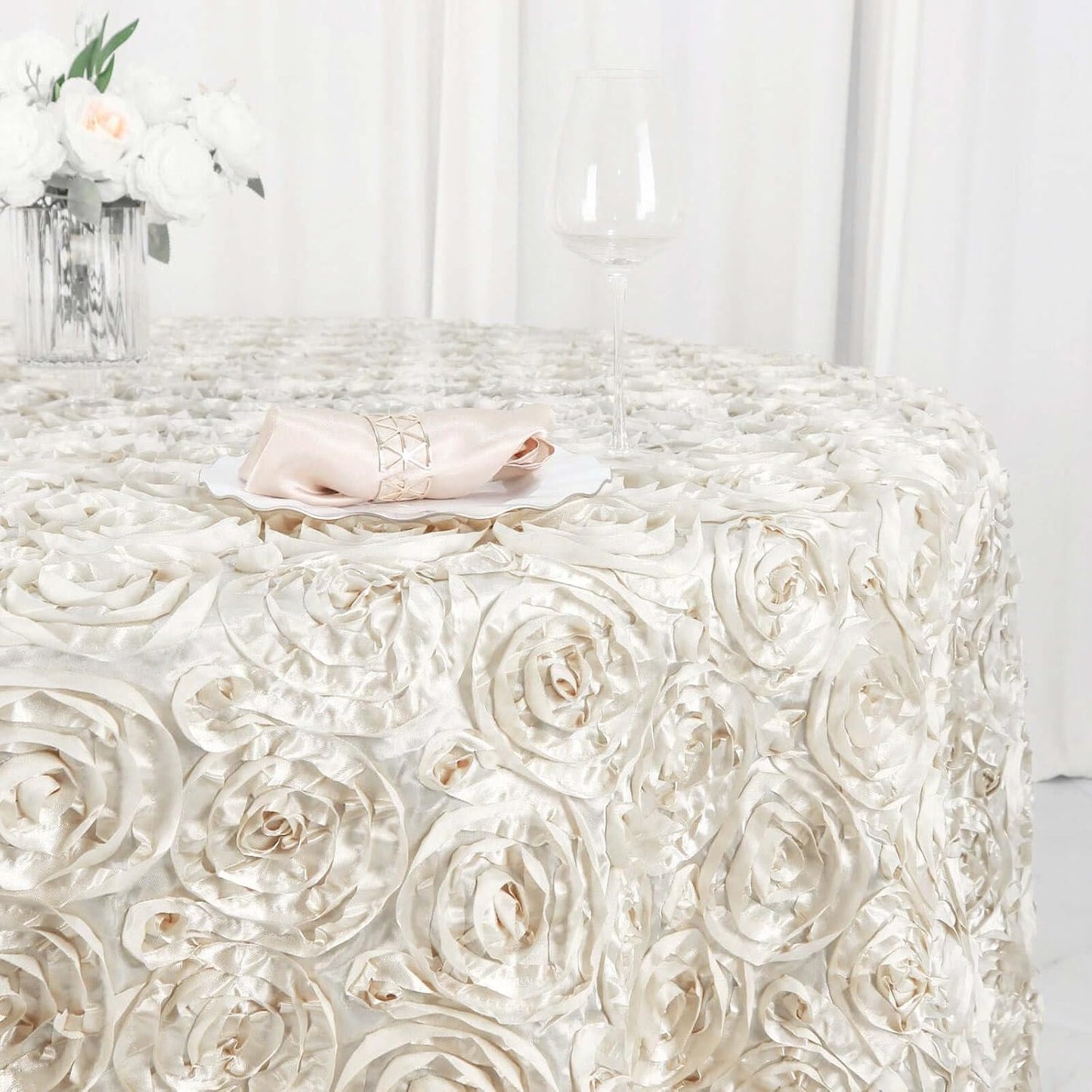 Efavormart 120" Wholesale Round Table Cover Ivory Grandiose Rosette 3D Satin Tablecloth for Wedding Party Event Decoration