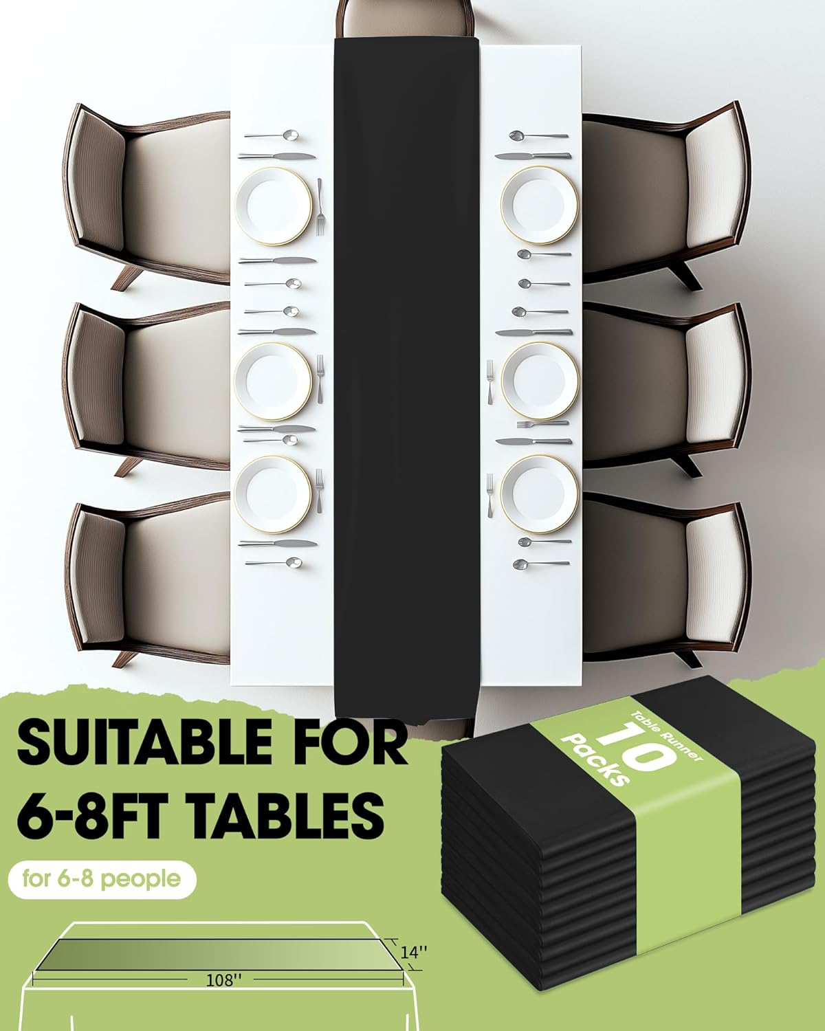 Pureegg Black Plastic Table Runners - 10 Pack, 14'' x 108'', Water Resistant & Disposable Centerpiece Decorations for Table Cloth, Wedding, Birthday, Holiday, Baby Shower, Party, Home Decor