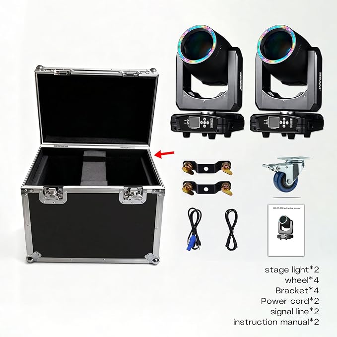 MINGJIE 300W Moving Head DJ Lights, 48-Facet Prism Stage Lighting with 15 Gobos & 15 Colors, DMX512 Sound Activated LED Beam Spot for Wedding, Bar, Party, KTV, Stage Show (Flight case +2PCS Light)