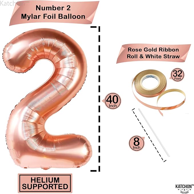 KatchOn, Rose Gold Number 2 Balloon - 40 Inch | Mylar Rose Gold 2 Balloon, 2nd Birthday Decorations for Girl | Rose Gold Number Balloon | 2 Year Old Balloon for Two Wild Birthday Decorations Girl