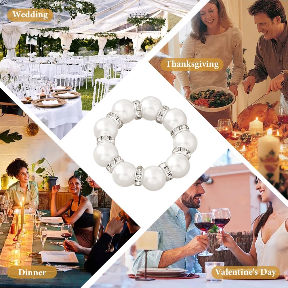 12Pcs Pearl Napkin Rings, Round Napkin Buckles Wedding Beaded White Napkin Rings Silver Napkin Ring Holder for Formal Dinner Reception Party Banquet Table Decor (Sliver)