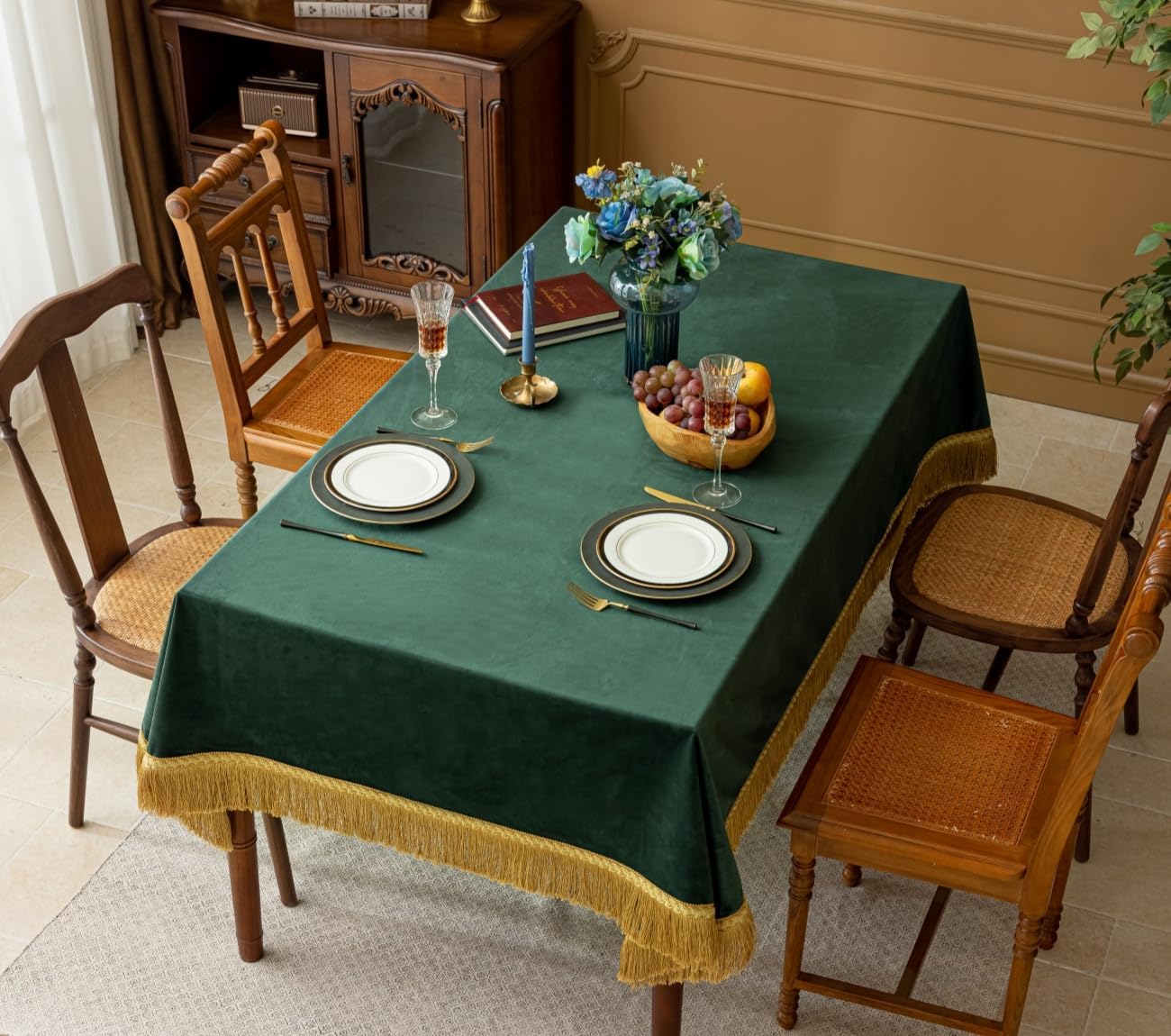 F-CHU Luxury Dark Green Tablecloth Thickset Velvet Tablecloth with Beautiful Gold Tassels Vintage Table Cloth for Home Decor Wedding, Party, Banquet and Events 67x120-Inch