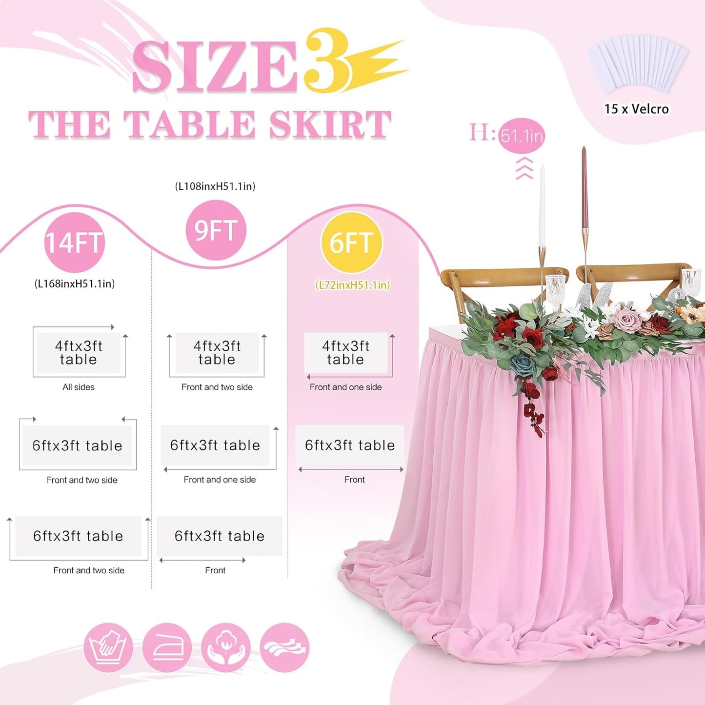 QueenDream Pink Chiffon Table Skirt 6ft Pink Table Cloth for Rectangle Tables Birthday Princess Girl Baby Shower Party