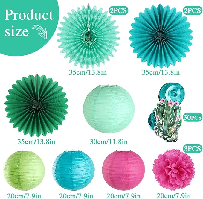 SUNBEAUTY Summer Party Decoration Hanging Cactus Swirls Paper Lanterns Paper Fans kit for Hawaiian Luau Party Tropical Party Baby Shower Birthday Party Supplies