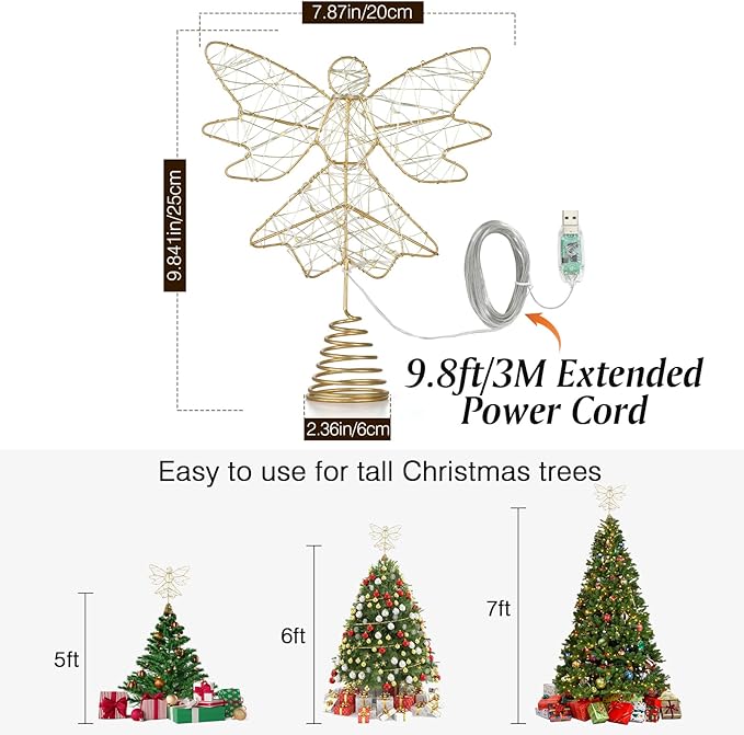 Lewondr Christmas Tree Topper Angel, USB Powered Remote Controlled 9.8 Inch Glittering Angel Christmas Tree Topper, 6H Timer Christmas Tree Angel Topper with Lights for Xmas Home Holiday Party, Gold