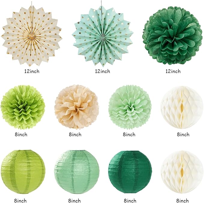 Sage Green Champagne-Gold Birthday Party-Decorations - 21pcs Happy Banner,Olive Retro Paper Lanterns Pom Poms,Rustic Boho Neutral Streamers Garland,Women Girls Boy Decor Supplies Huglony