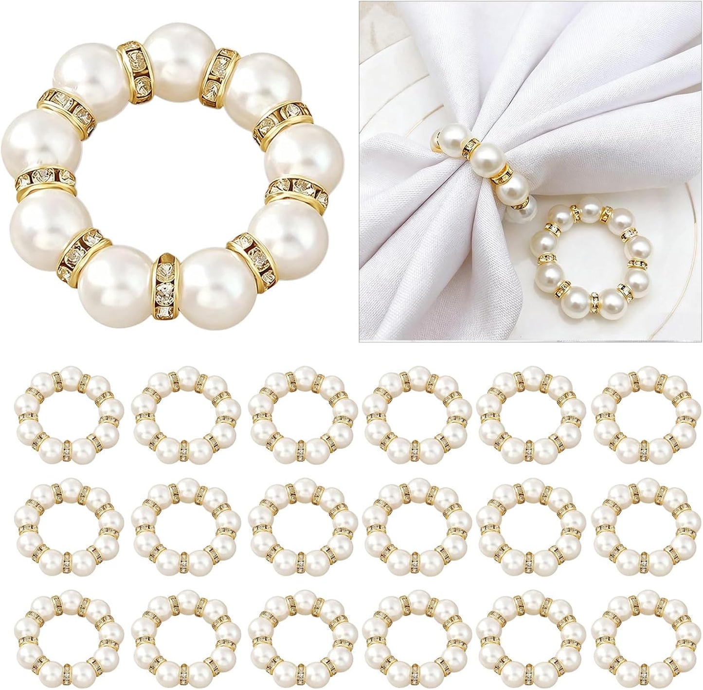 50Pcs Pearl Napkin Rings, Pink Beaded White Silver Round Buckles, Set of 6, Wedding and Formal Dinner Table Decor (50, Gold)
