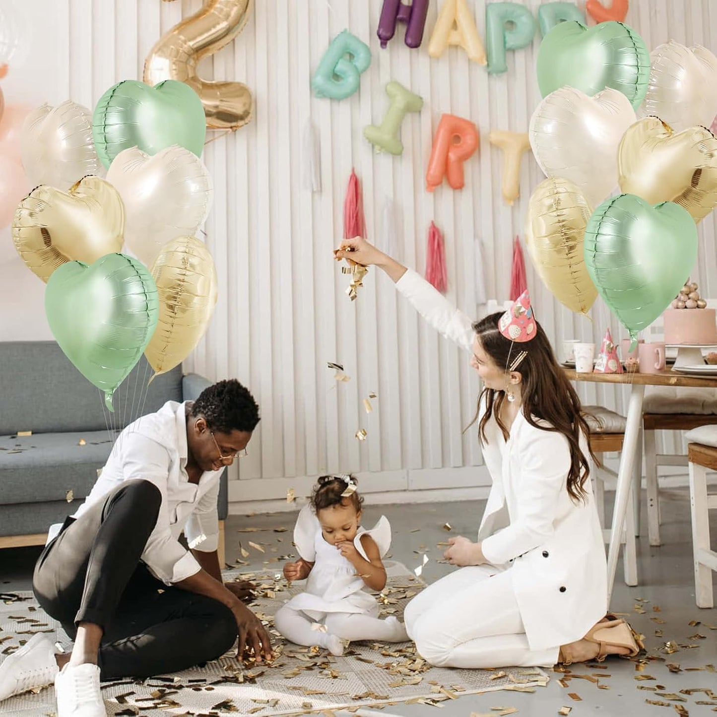 TONIFUL 15Pcs Sage Green Gold Heart Balloons 18 Inch Green Cream White Heart Shape Foil Mylar Balloons Decoration for Jungle Woodland Birthday Party Baby Shower Supplies