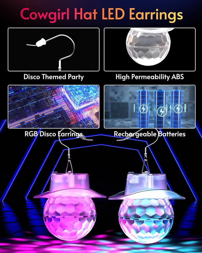 LED Disco Ball Cowgirl Hat Earrings | 16 Light Modes Rechargeable Light Up Earrings for Women, Disco Party & Dance Events Rave Accessories 60s 70s 80s